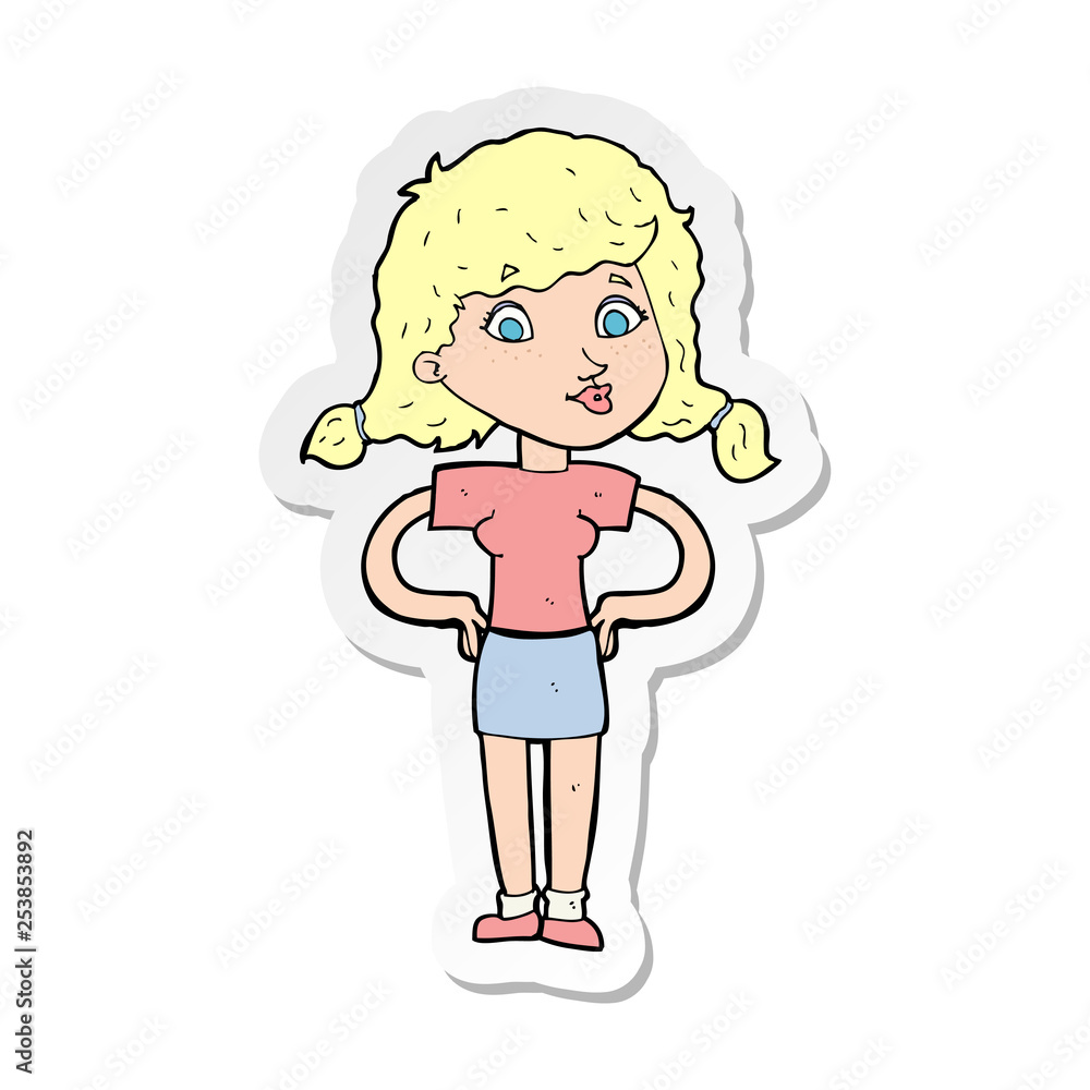 sticker of a cartoon pretty girl with hands on hips sticker of a cartoon pretty girl with hands on hips