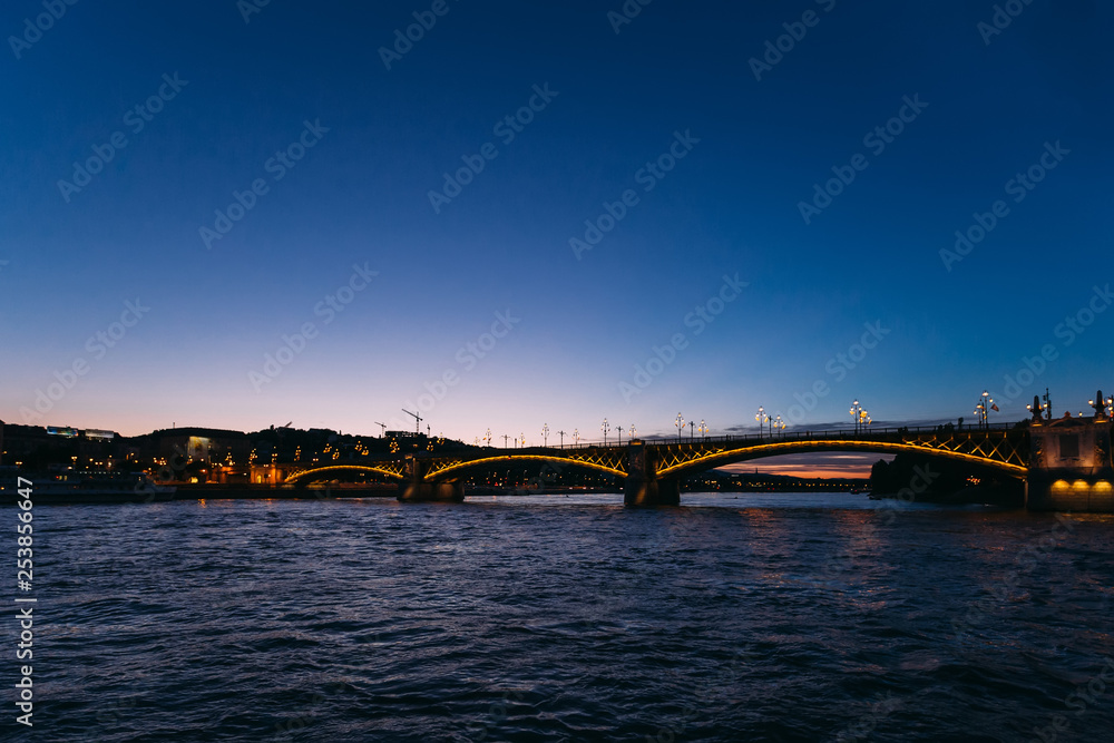 Budapest, Hungary bridge on Danube river. twilight. light of the