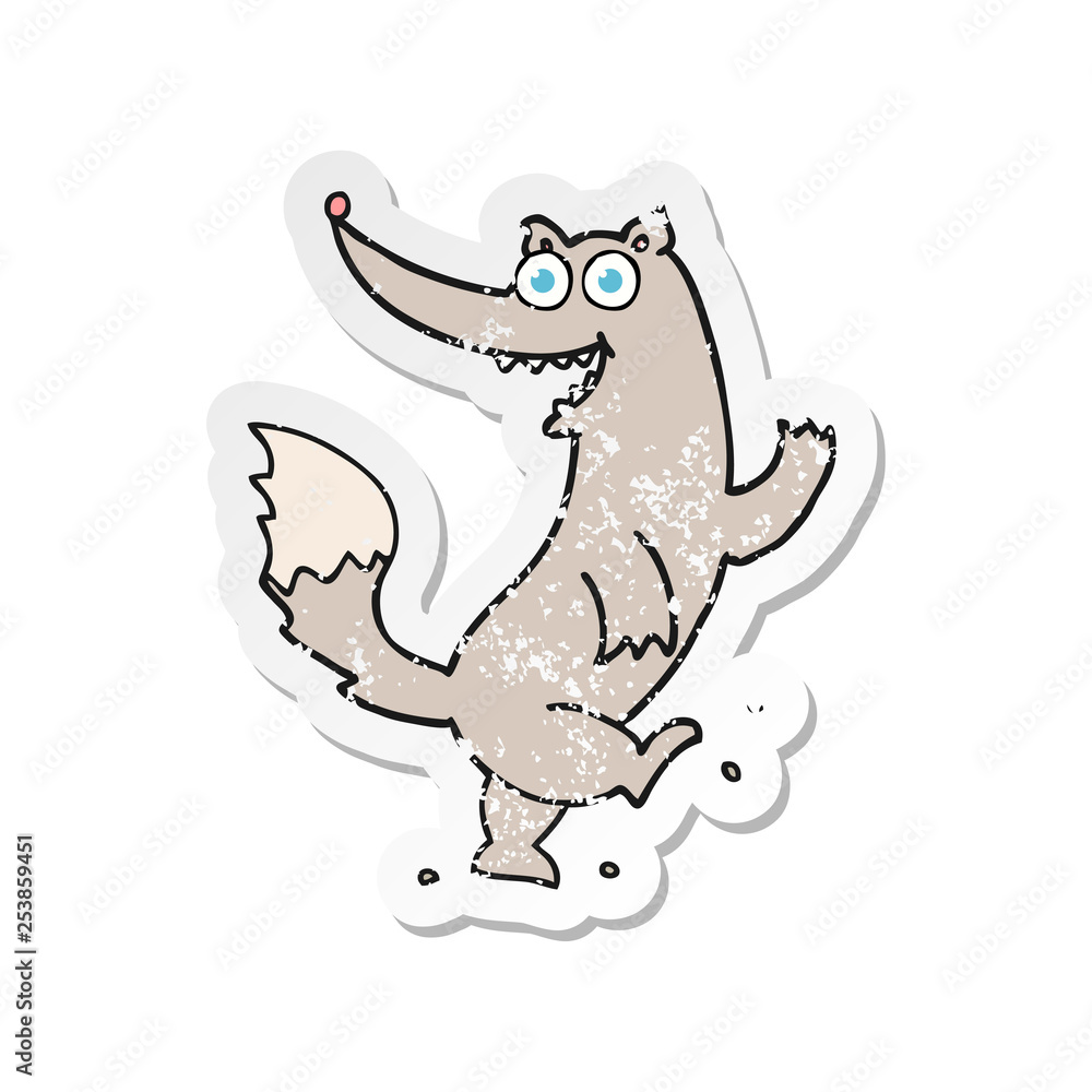 Fototapeta premium retro distressed sticker of a cartoon happy wolf dancing