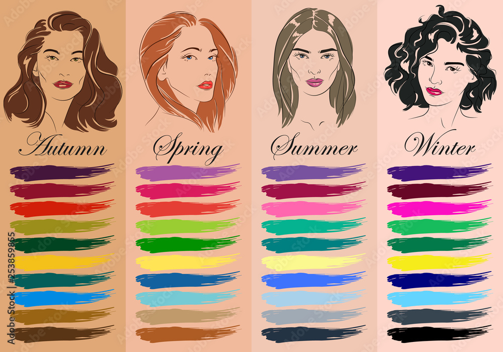 Seasonal color analysis. Set of vector hand drawn girls with different  types of female appearance. Best colors for Autumn, Spring, Summer, Winter  Stock-Vektorgrafik | Adobe Stock