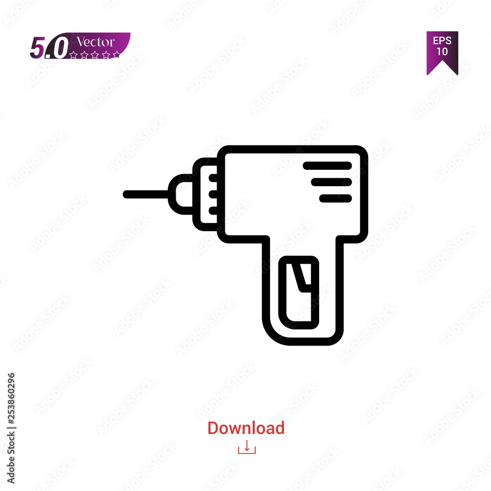 Outline drill icon isolated on white background. Popular icons for 2019 year. Line pictogram. Graphic design, mobile application, logo, user interface. EPS 10 format vector Outline drill icon isolated on white background. Popular icons for 2019 year. Line pictogram. Graphic design, mobile application, logo, user interface. EPS 10 format vector