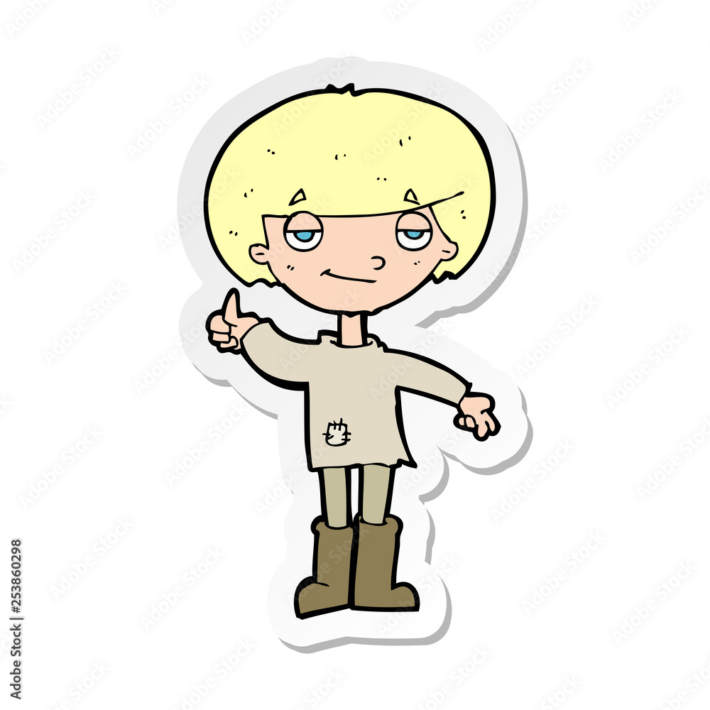 sticker of a cartoon boy in poor clothing giving thumbs up symbol sticker of a cartoon boy in poor clothing giving thumbs up symbol