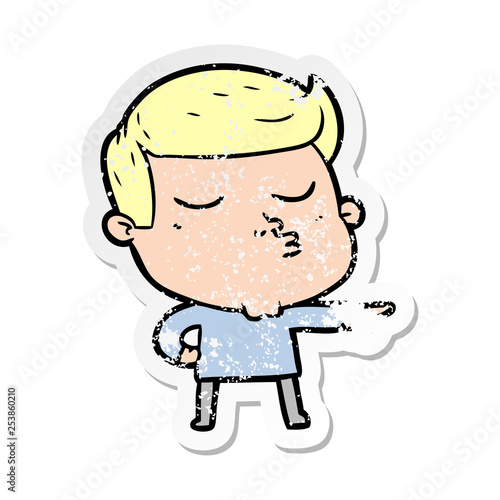 distressed sticker of a cartoon model guy pouting