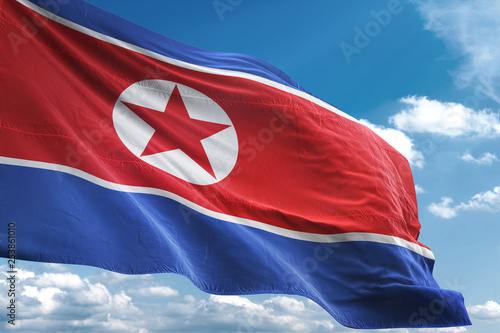 North Korea flag waving sky background 3D illustration photo