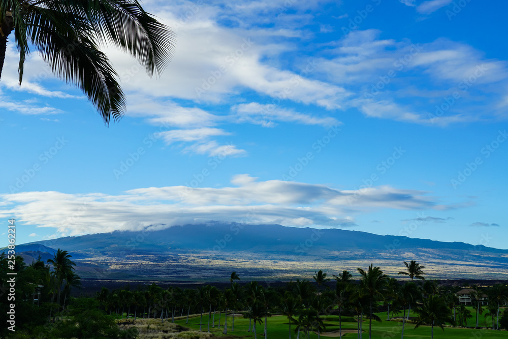 View of a golf course with mountains and palm trees in the background in Hawaii.