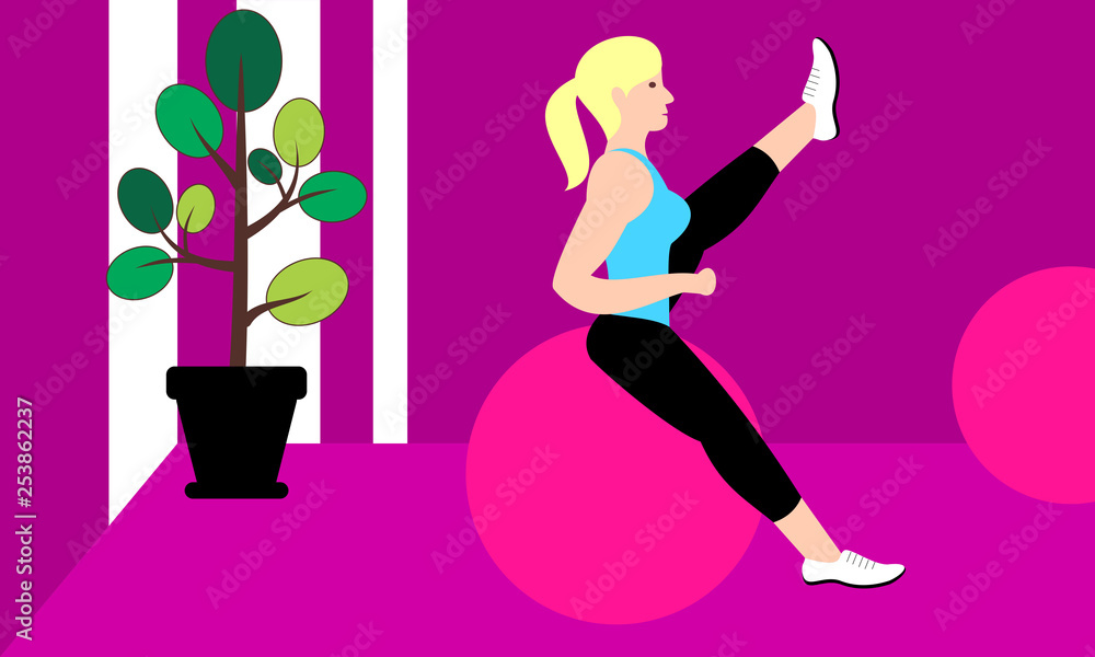 Beautiful young woman doing exercises in a fitness studio. Girl exercising fitness training. People vector illustration. Beautiful young woman doing exercises in a fitness studio. Girl exercising fitness training. People vector illustration.