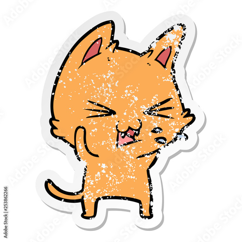 distressed sticker of a cartoon cat hissing