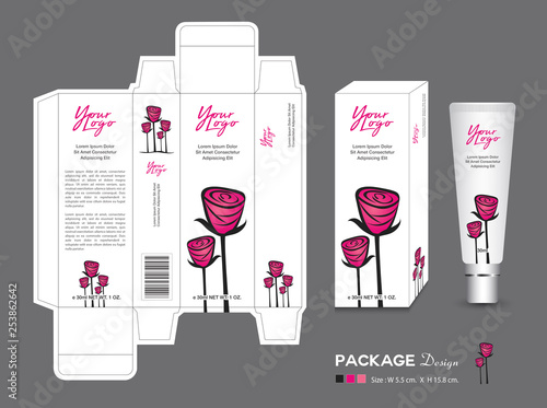 Beauty Packaging template, 3d Box cosmetics, product design, Rose Packaging, healthy products, Cream layout, Fresh ecological, nature box, Body care, spa, lotion, shampoo, Realistic bottle mock up