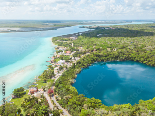 Mexico, Yucatan, Quintana Roo, lagoon of Bacalar, drone image photo