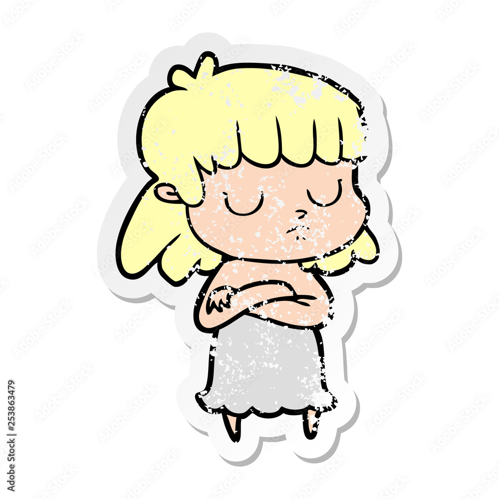 distressed sticker of a cartoon indifferent woman distressed sticker of a cartoon indifferent woman
