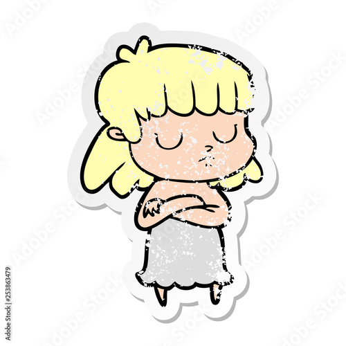 distressed sticker of a cartoon indifferent woman
