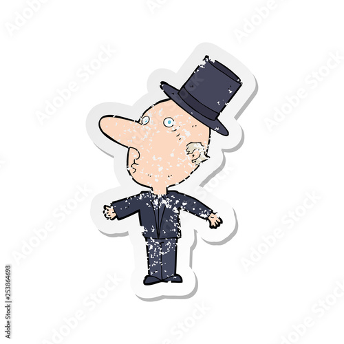 retro distressed sticker of a cartoon man wearing top hat