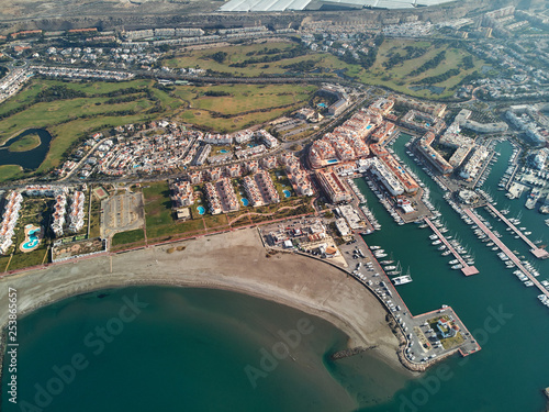 Aerial drone panorama Almerimar townscape  province of Almeria  Andalucia  Spain