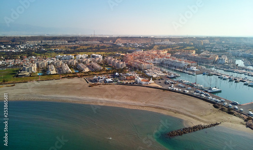 Aerial drone photography Almerimar townscape. Almeria, Spain