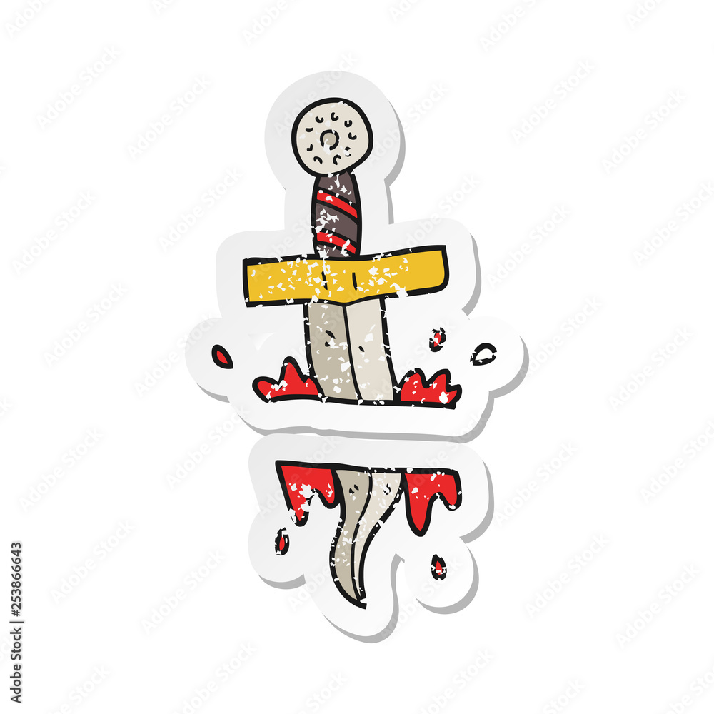 retro distressed sticker of a cartoon dagger tattoo retro distressed sticker of a cartoon dagger tattoo