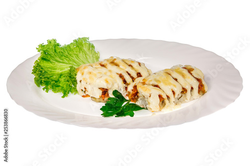  meat dish from the restaurant cutlet. isolated background. view from above. side view