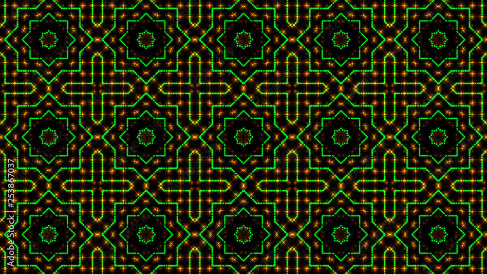 Animated light shinning green and yellow dots and stars geometrical shapes. Bright shinning colored dots and stars with 3D camera movement. Abstract background with neon and stars and dots effect. Animated light shinning green and yellow dots and stars geometrical shapes. Bright shinning colored dots and stars with 3D camera movement. Abstract background with neon and stars and dots effect.