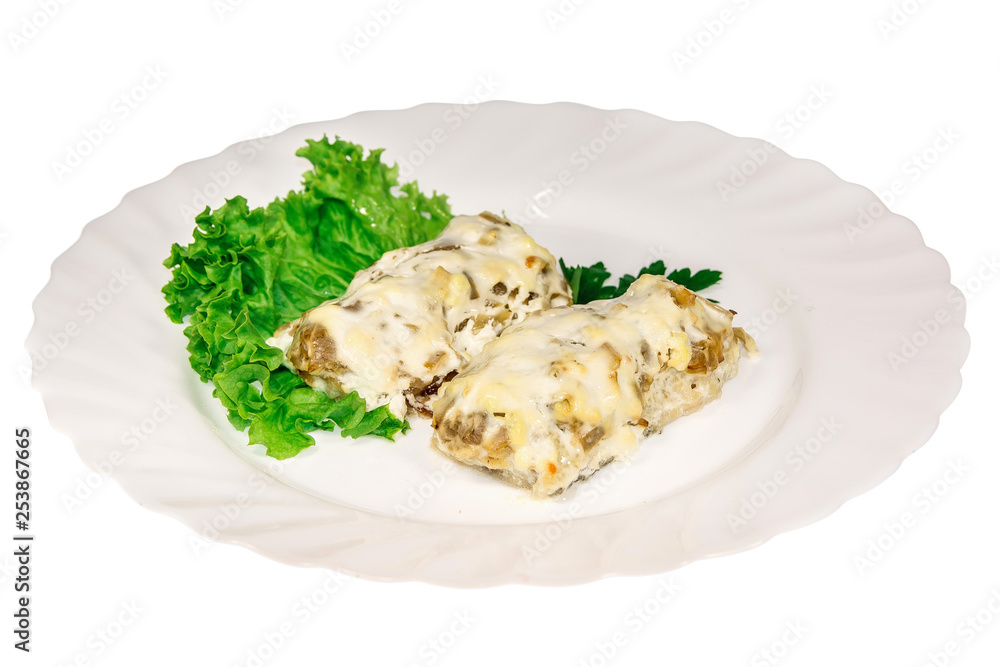meat dish from the restaurant cutlet. isolated background. view from above. side view meat dish from the restaurant cutlet. isolated background. view from above. side view