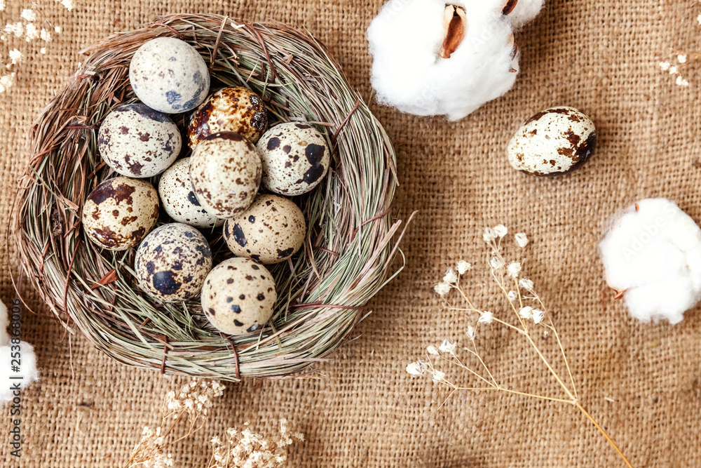 Easter decoration with egg in nest and cotton on brown rustic linen canvas background. Easter concept. Flat lay top view copy space. Spring greeting card Easter decoration with egg in nest and cotton on brown rustic linen canvas background. Easter concept. Flat lay top view copy space. Spring greeting card