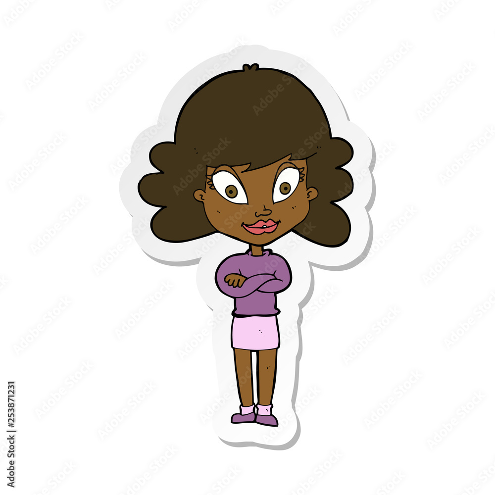 sticker of a cartoon happy woman with folded arms