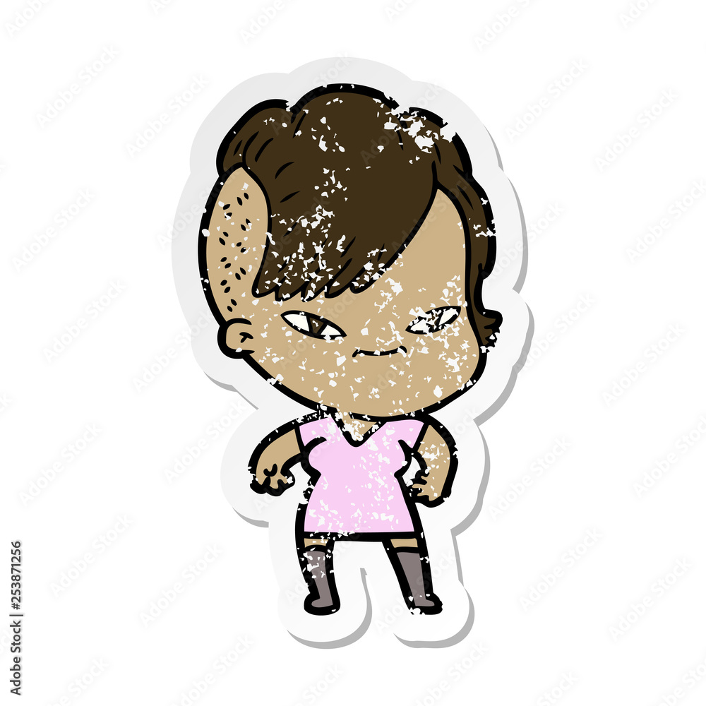 Obraz premium distressed sticker of a cute cartoon girl with hipster haircut
