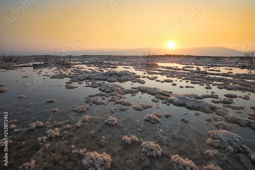 Dead Sea, Ein Bokek, Israel - February 18: Sunrise at the Dead Sea of Ein Bokek Dead Sea, Israel 