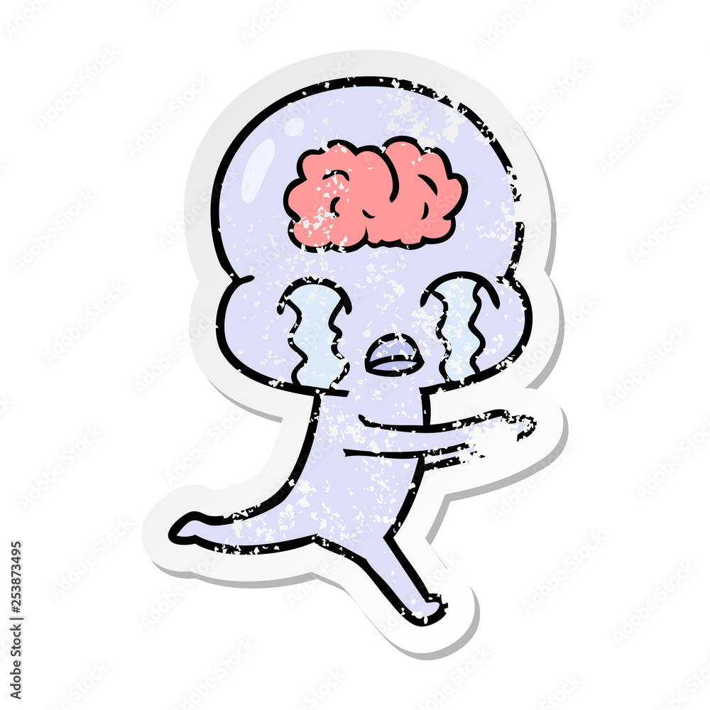 distressed sticker of a cartoon big brain alien crying
