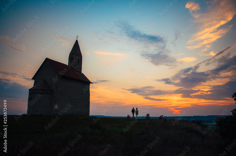 Drazovce Church silhouette in sunset light