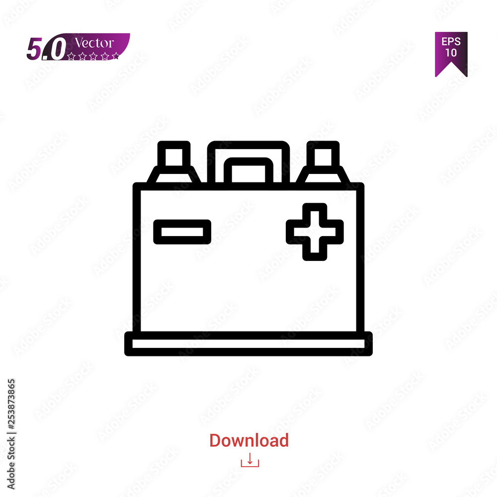 Outline battery car icon isolated on white background. Line pictogram. Graphic design, mobile application, car parts icons, user interface. Editable stroke. EPS10 format vector illustration Outline battery car icon isolated on white background. Line pictogram. Graphic design, mobile application, car parts icons, user interface. Editable stroke. EPS10 format vector illustration
