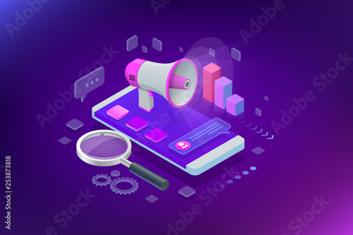 Isometric concept of analytics, strategy, investment, management, Investment, and virtual finance. Communication and digital marketing.