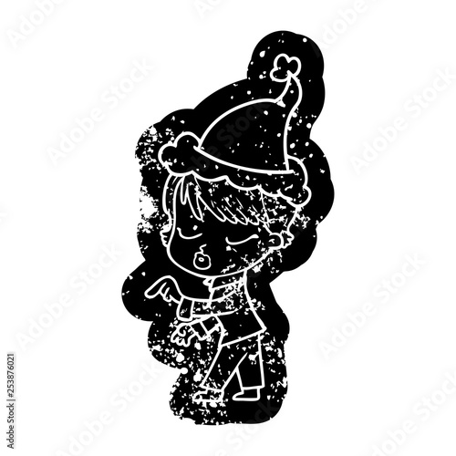 cartoon distressed icon of a woman with eyes shut wearing santa hat