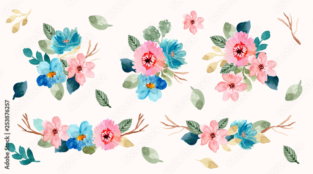 blue pink floral arrangement watercolor collection