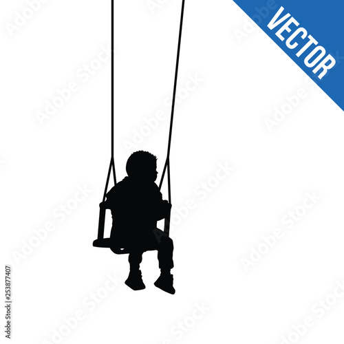 A child silhouette on swing on white