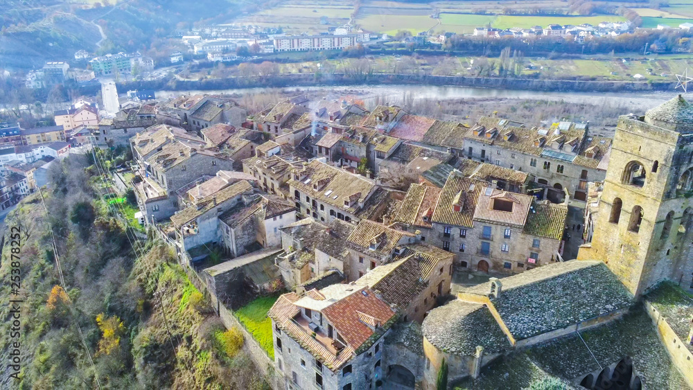 Huesca. Drone in village of Ainsa. Spain. Aerial Photo