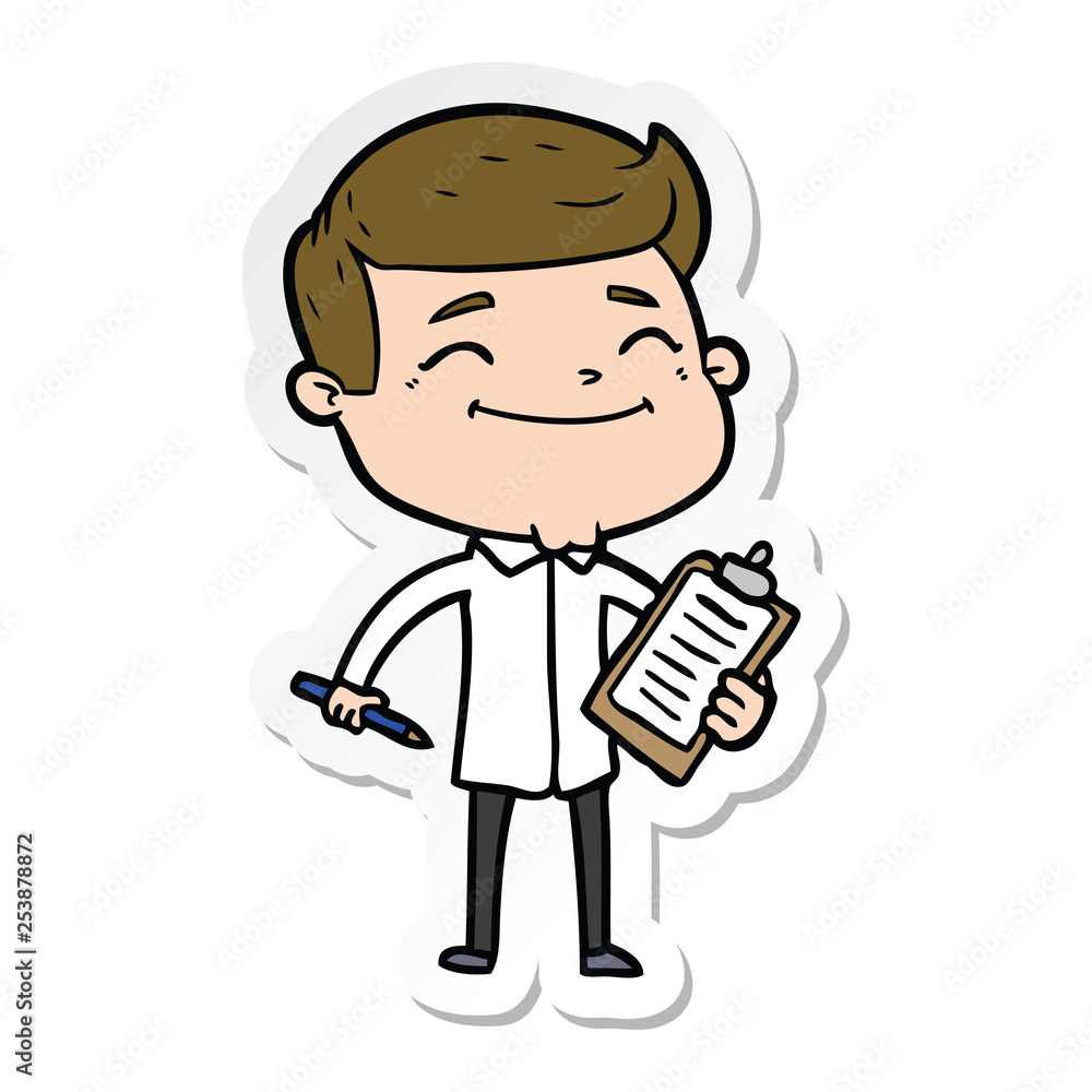 sticker of a happy cartoon man taking survey sticker of a happy cartoon man taking survey