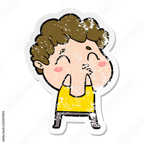 distressed sticker of a cartoon man pouting