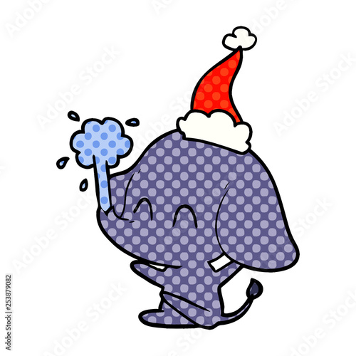 cute comic book style illustration of a elephant spouting water wearing santa hat