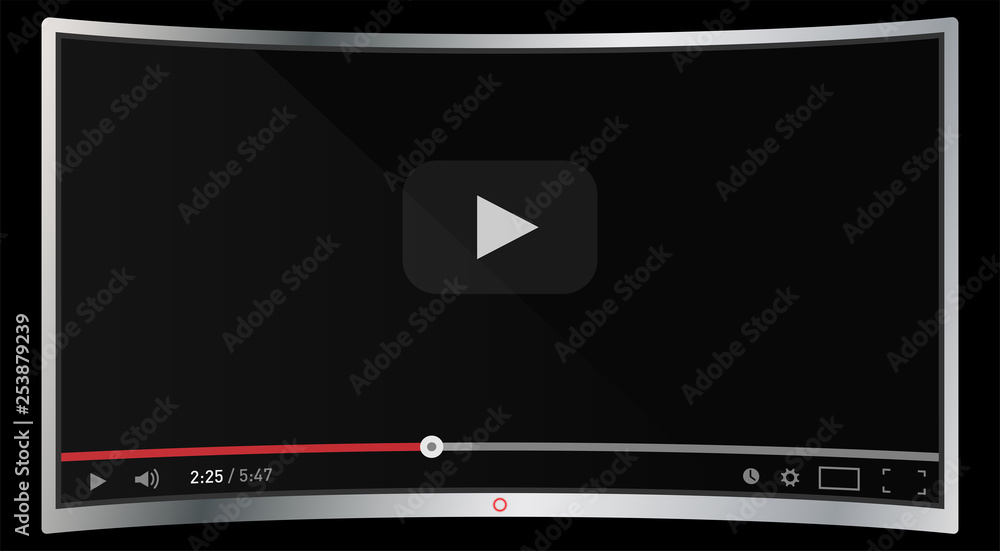 Realistic modern curved 4k TV monitor isolated on black background. Classic video  player template on screen. Online video watching conecpt. Vector  illustration Stock Vector | Adobe Stock