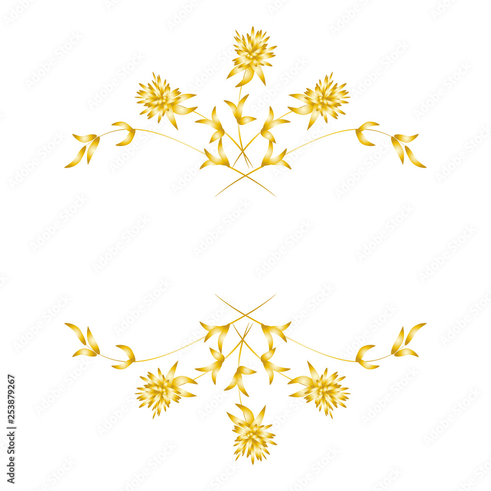 Arrangement of herbs and flowers. Hand drawing in golden gradient colors. For packaging, paper, design, stickers.