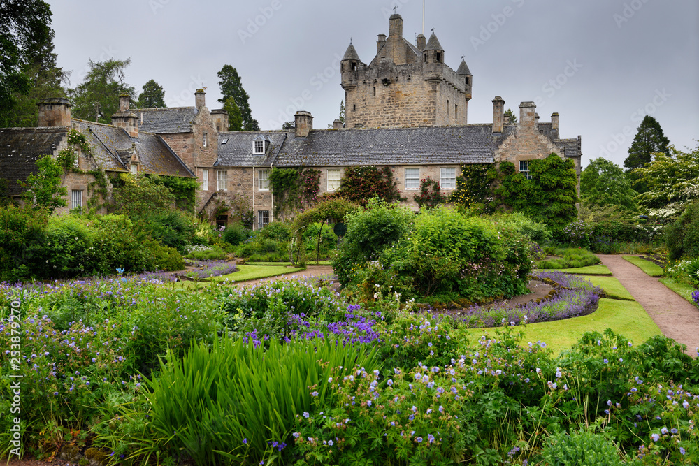 The formal Flower Garden south of Cawdor Castle after a rain in Cawdor Nairn Scotland UK