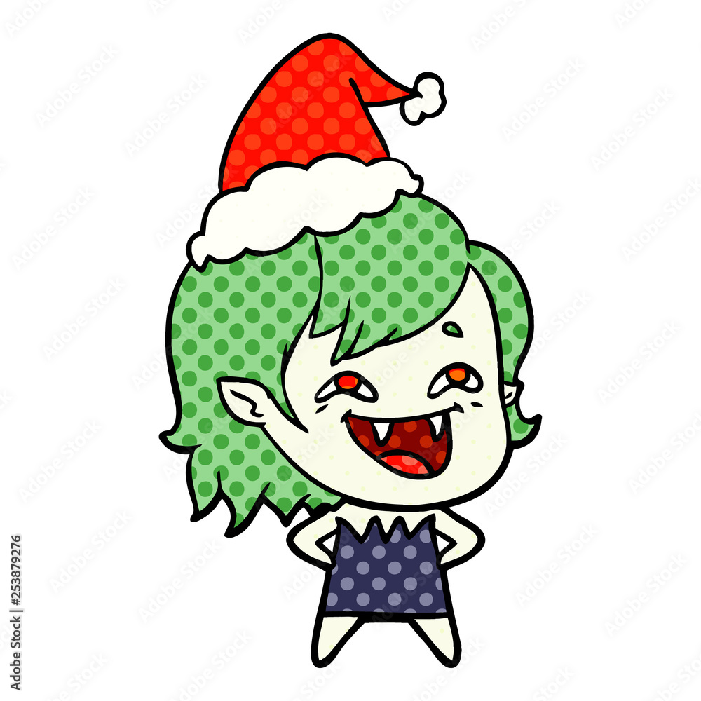 comic book style illustration of a laughing vampire girl wearing santa hat comic book style illustration of a laughing vampire girl wearing santa hat