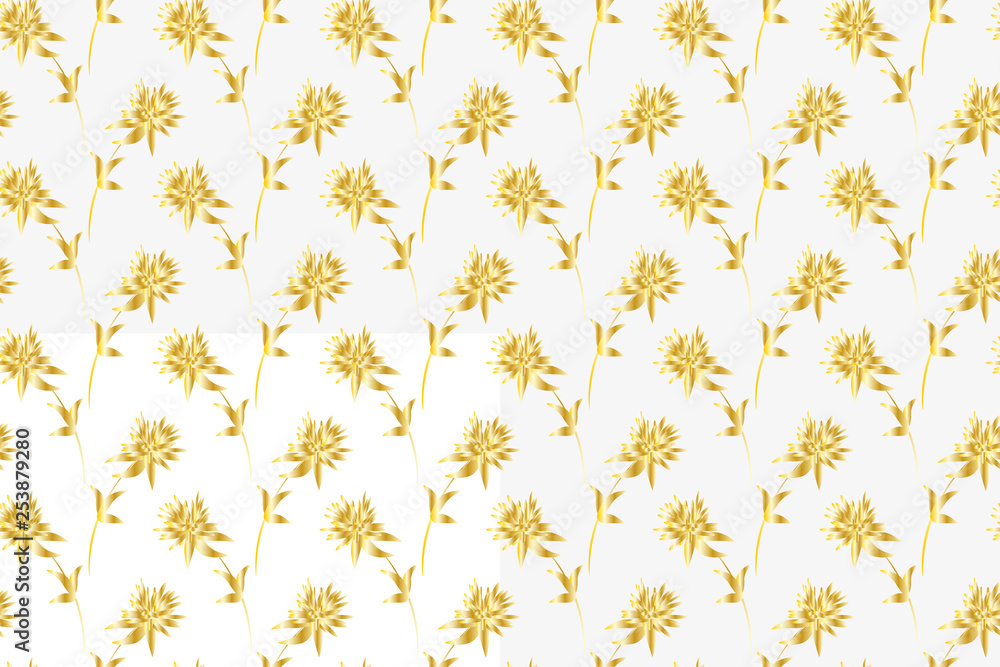 Floral pattern in scandinavian style. Clover flowers in golden gradient colors on white background. Seamless background, vector drawing. For identity designs, packaging and textile. Floral pattern in scandinavian style. Clover flowers in golden gradient colors on white background. Seamless background, vector drawing. For identity designs, packaging and textile.