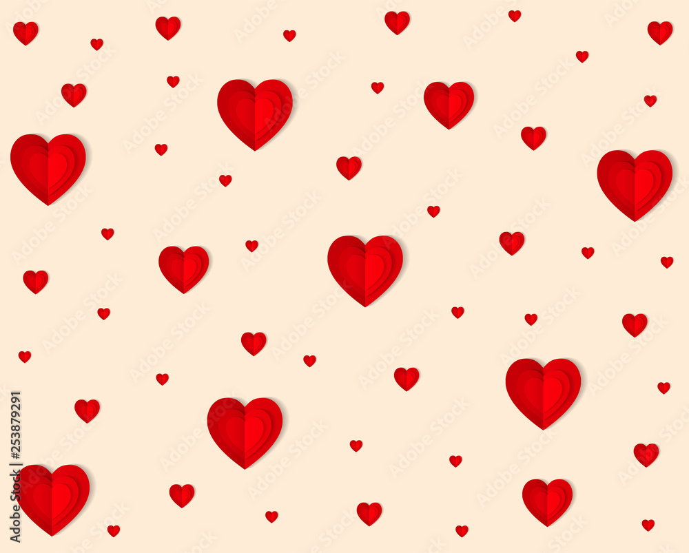 Red and beige origami paper hearts background. Valentines day concept. Love, feelings, tenderness design. Vector illustration