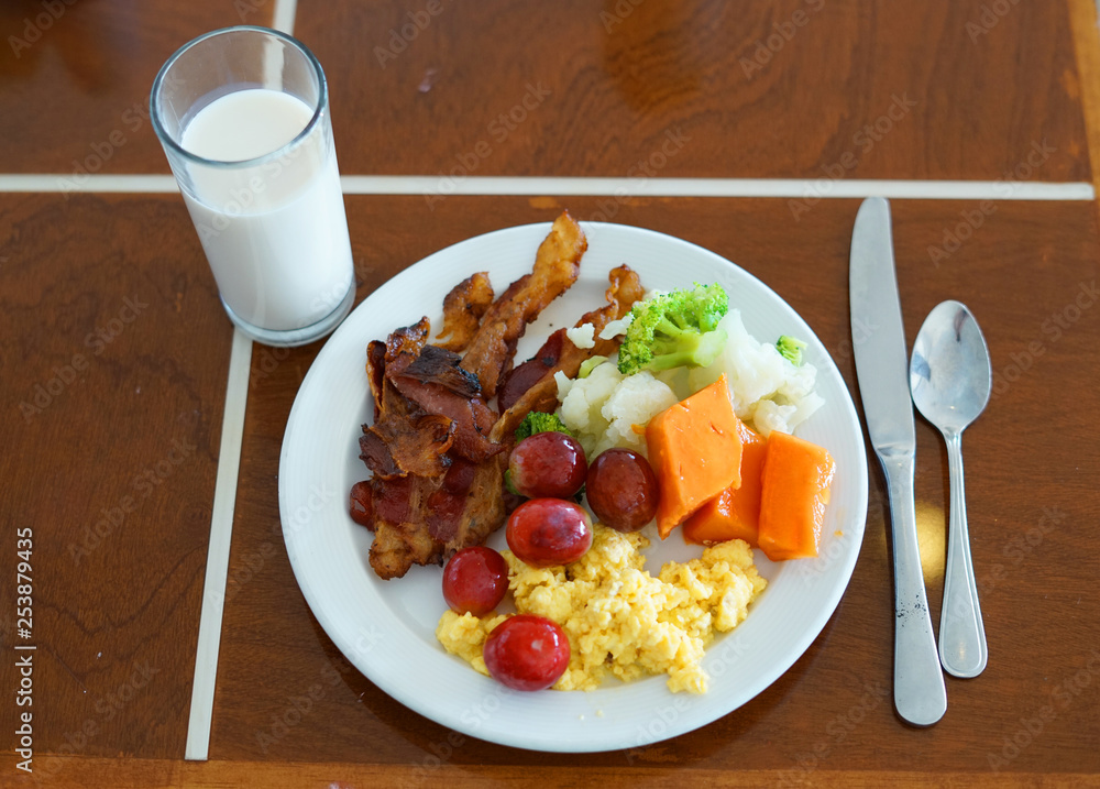 dinner plate with healthy food and a glass of milk Stock Photo Adobe Stock