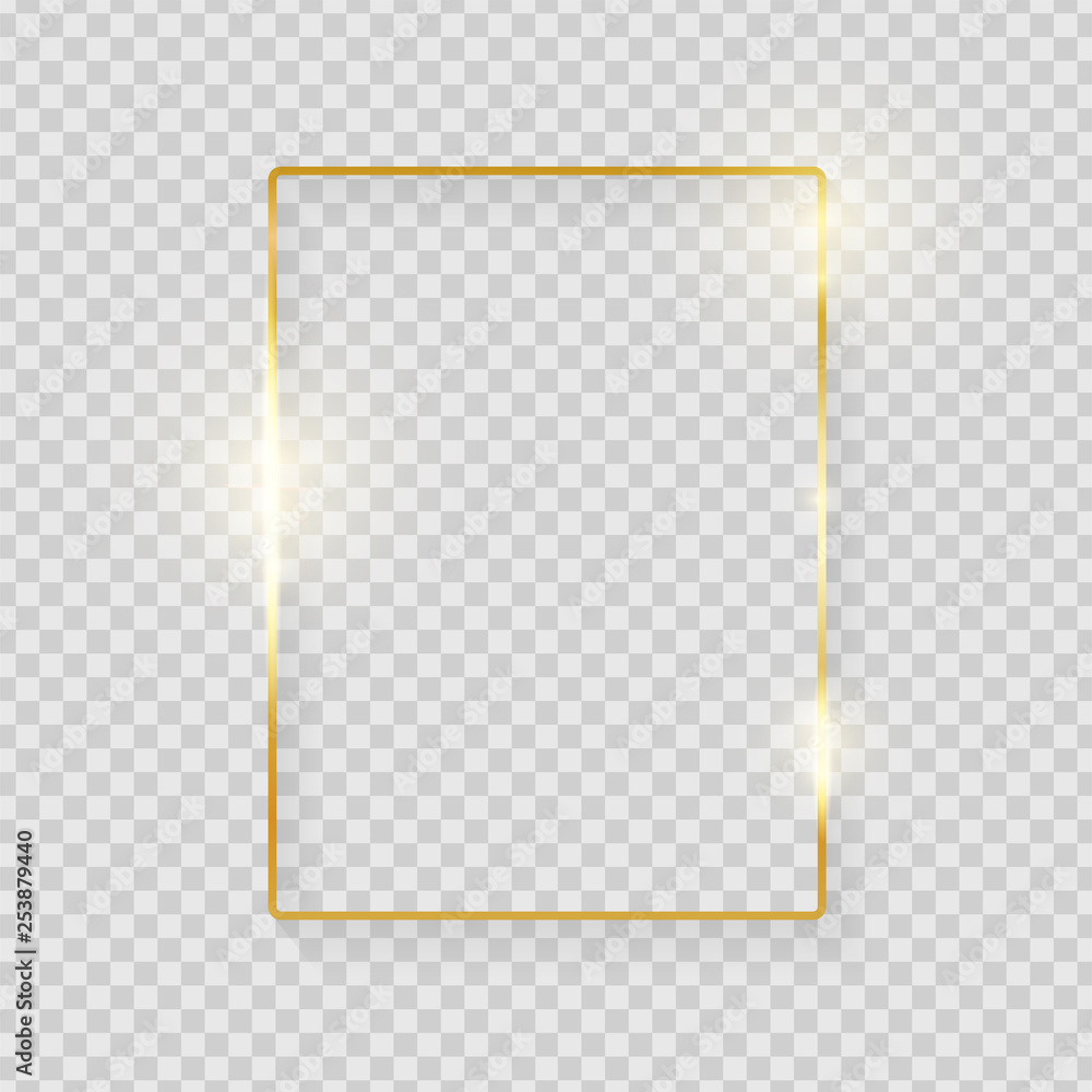 Fototapeta Złota błyszcząca świecąca rama z cieniami na przezroczystym tle. Złoty luksus realistyczne prostokąt granicy. Ilustracji wektorowych