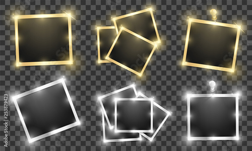 Pack of square realistic gold and silver shining frame templates with shadows isolated on transparent background. Vector illustration