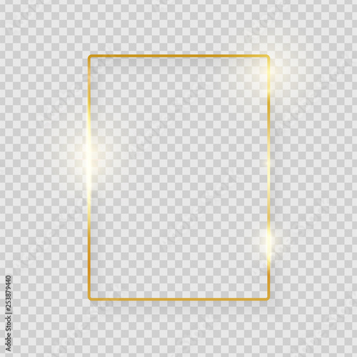 Gold shiny glowing vintage frame with shadows isolated on transparent background. Golden luxury realistic rectangle border. Vector illustration