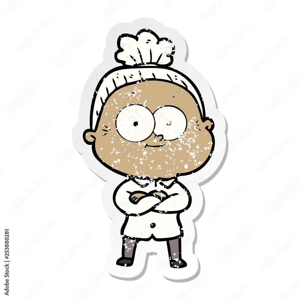 distressed sticker of a cartoon happy old woman distressed sticker of a cartoon happy old woman