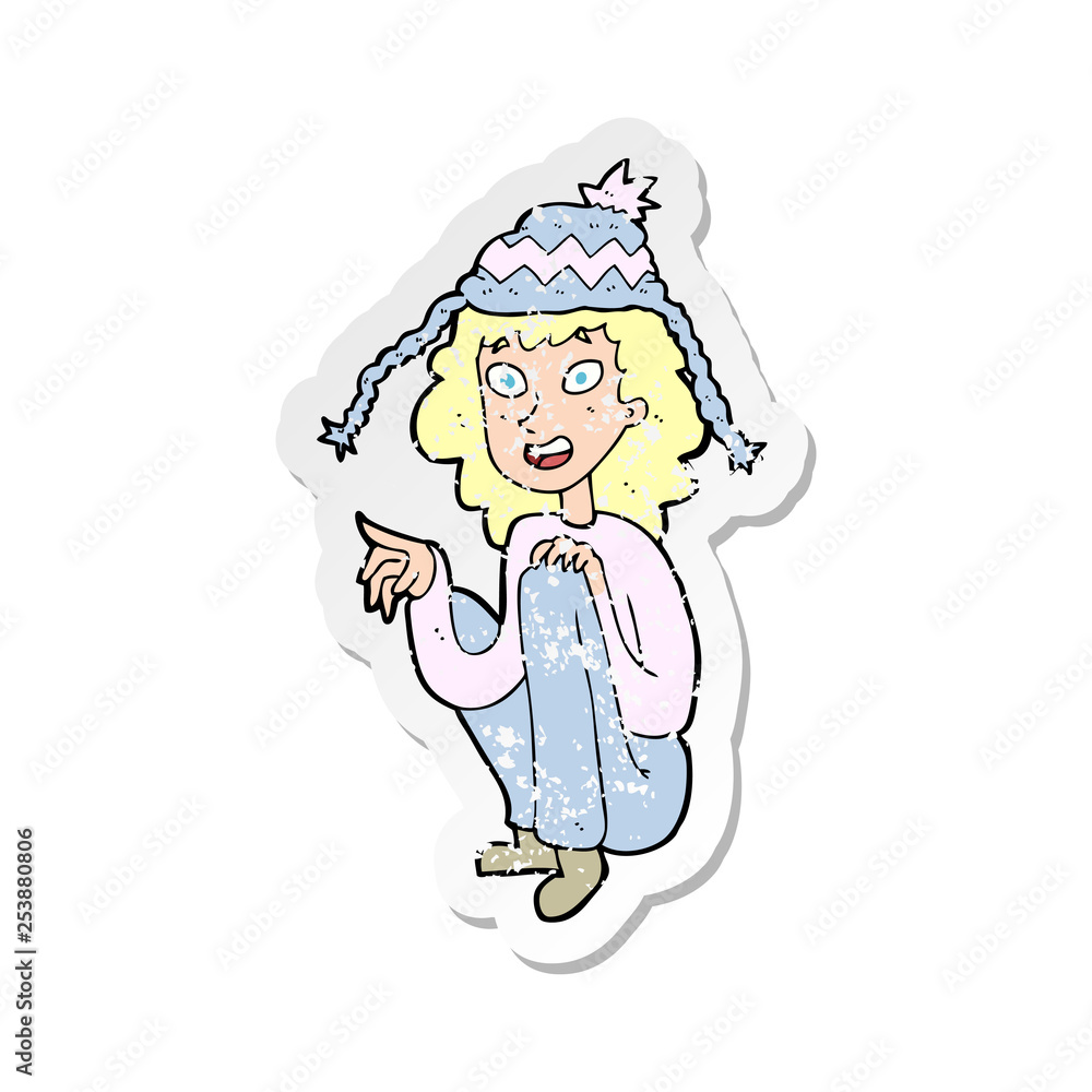 retro distressed sticker of a cartoon woman wearing winter hat retro distressed sticker of a cartoon woman wearing winter hat