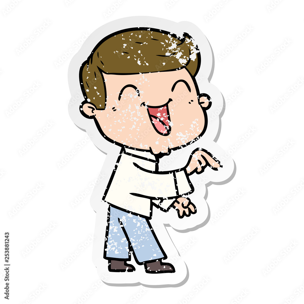 distressed sticker of a cartoon man laughing distressed sticker of a cartoon man laughing
